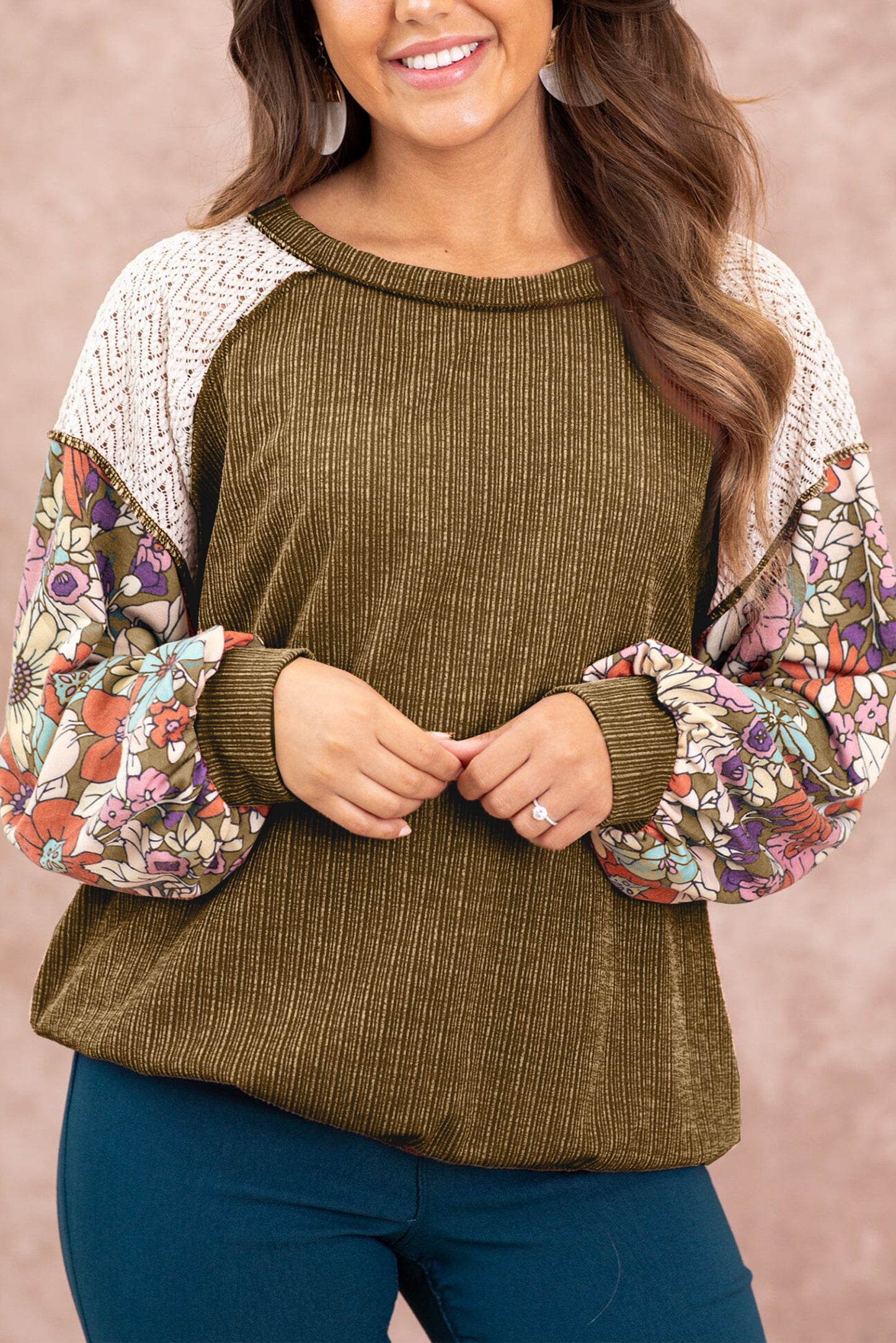 Floral Patchwork Puff Sleeve Textured Blouse