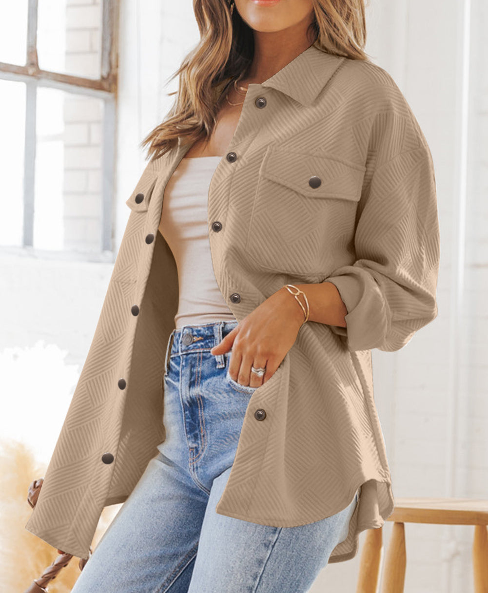 Solid Textured Flap Pocket Buttoned Shacket