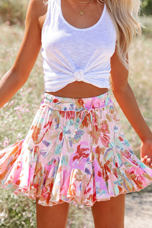 Abstract Floral Print Ruffled Mini Skirt