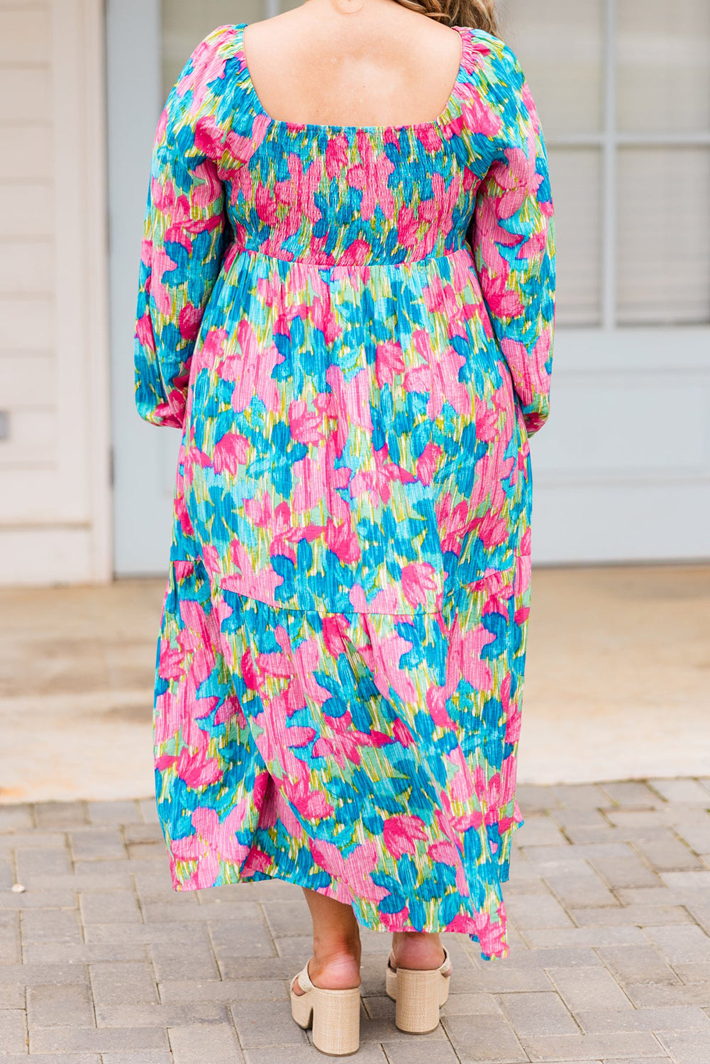 Floral Allover Print Shirred Square Neck Plus Size Maxi Dress