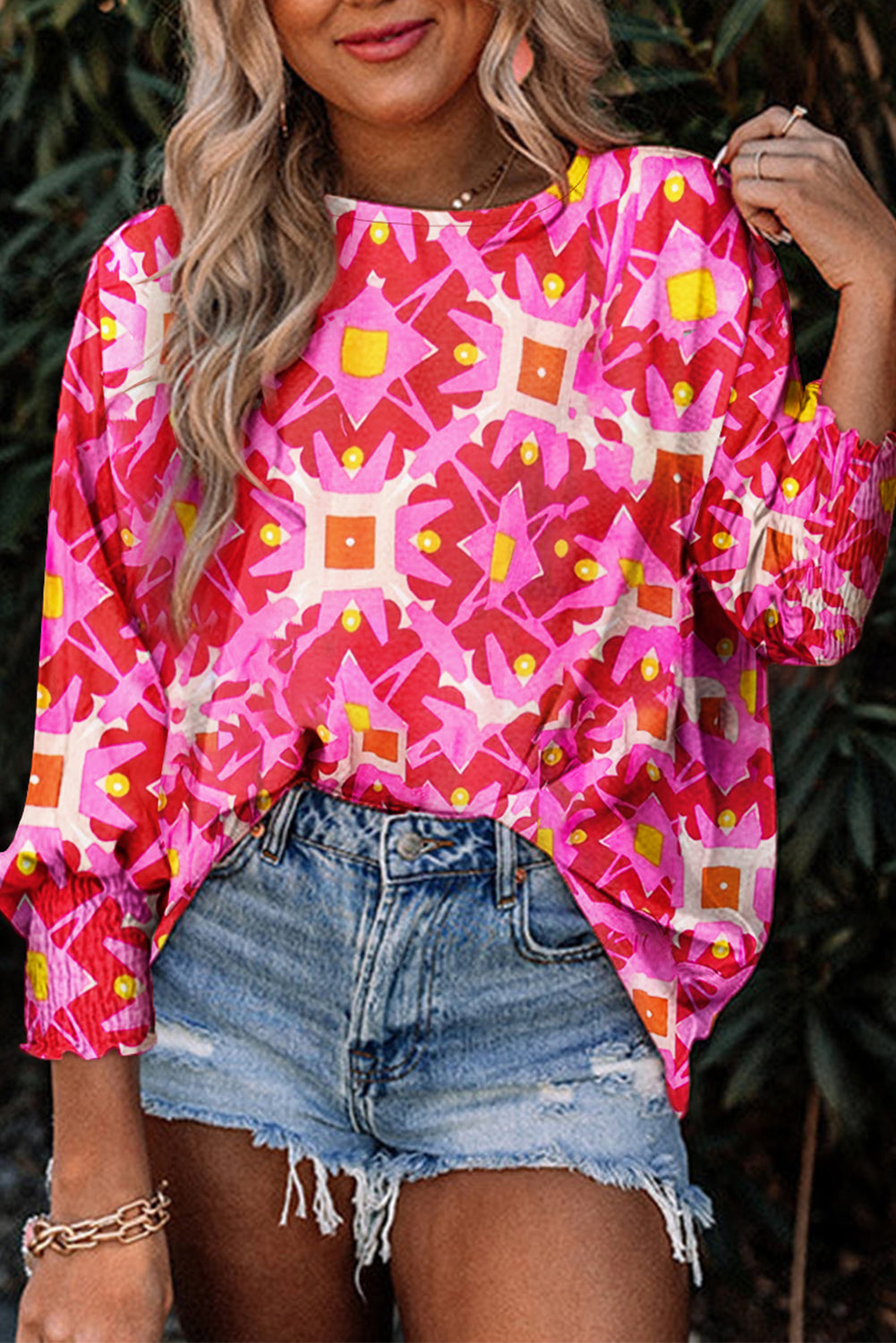 Geometric Print Shirred Cuff 3/4 Sleeve Loose Blouse