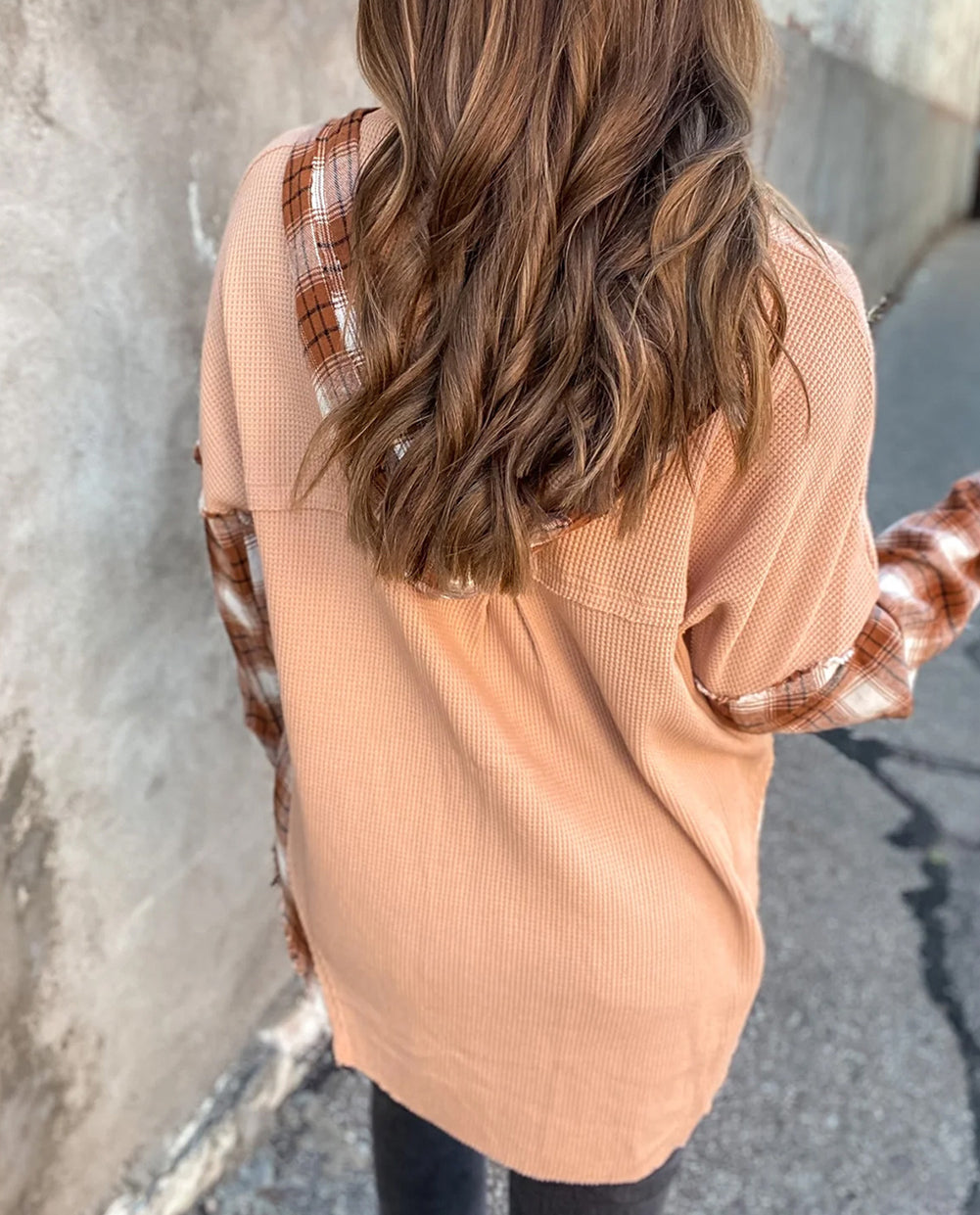 Waffle Knit Plaid Patchwork Hooded Shacket