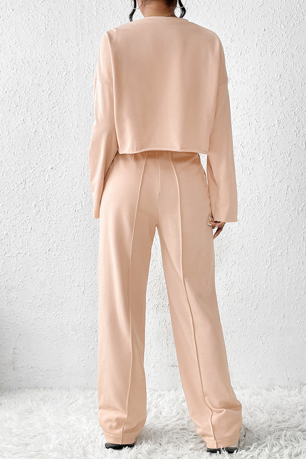 Long Sleeve Distressed Crop Top Wide Leg Pants Outfit