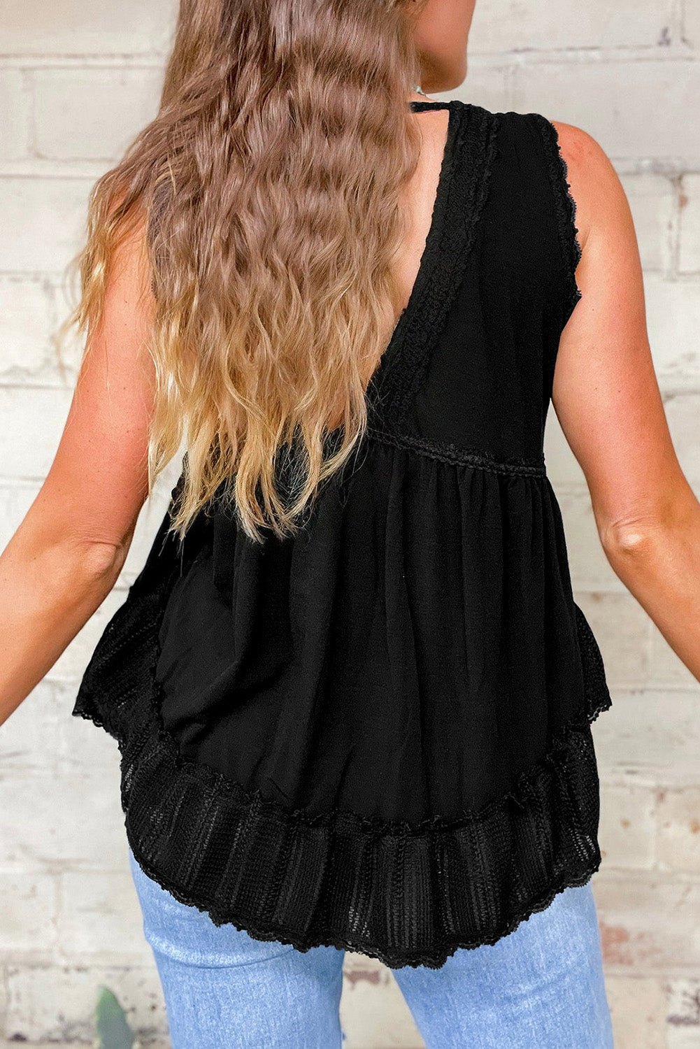 Lace Splicing V Neck Ruffled Babydoll Tank Top