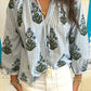 Striped Floral Printed Long Sleeve Tied V Neck Blouse