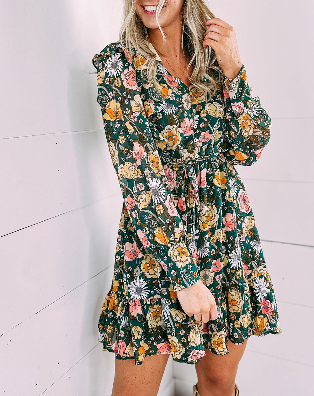 Buttoned Bodice Ruffled Floral Dress