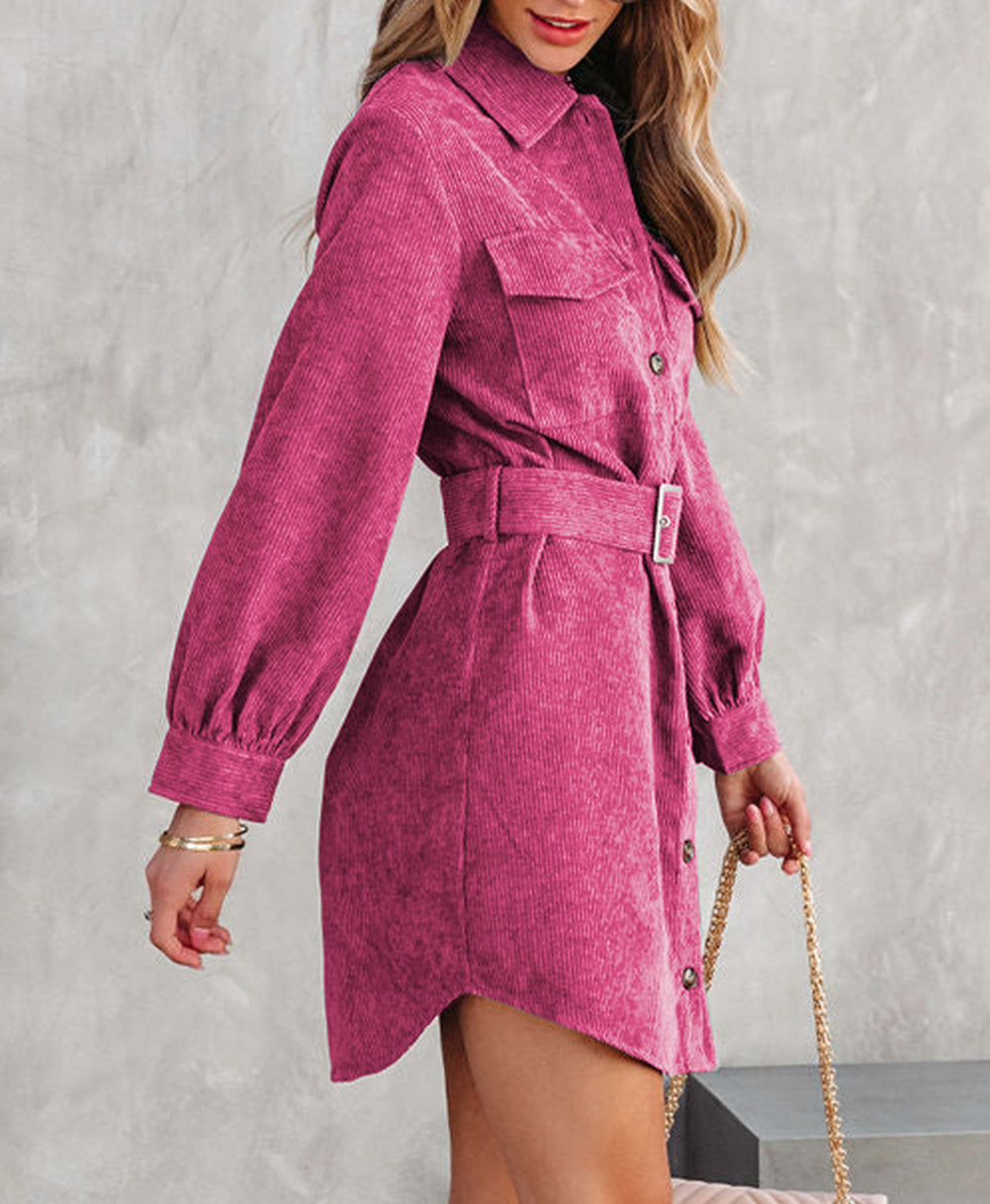 Corduroy Long Sleeve Button up Shirt Dress with Belt