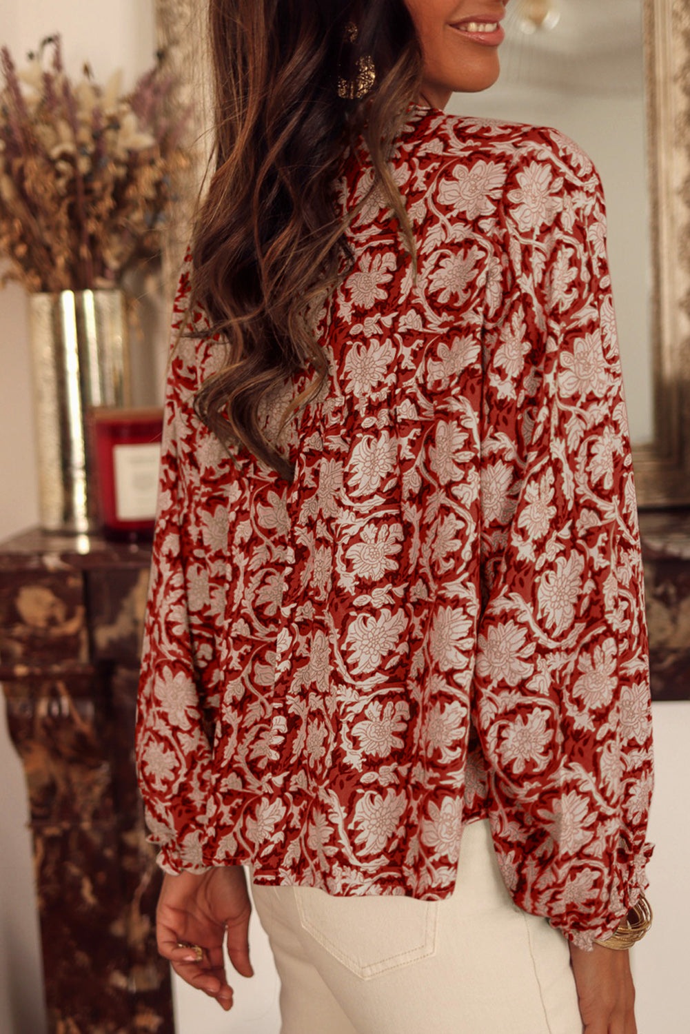 Floral Print Split Neck Pleated Puff Sleeve Blouse