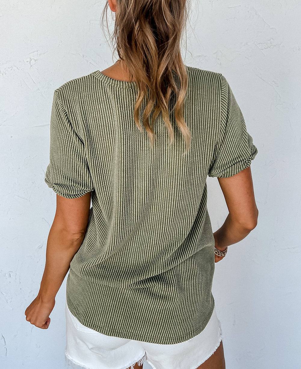 Grey Twist Short Sleeve Corded V Neck Top