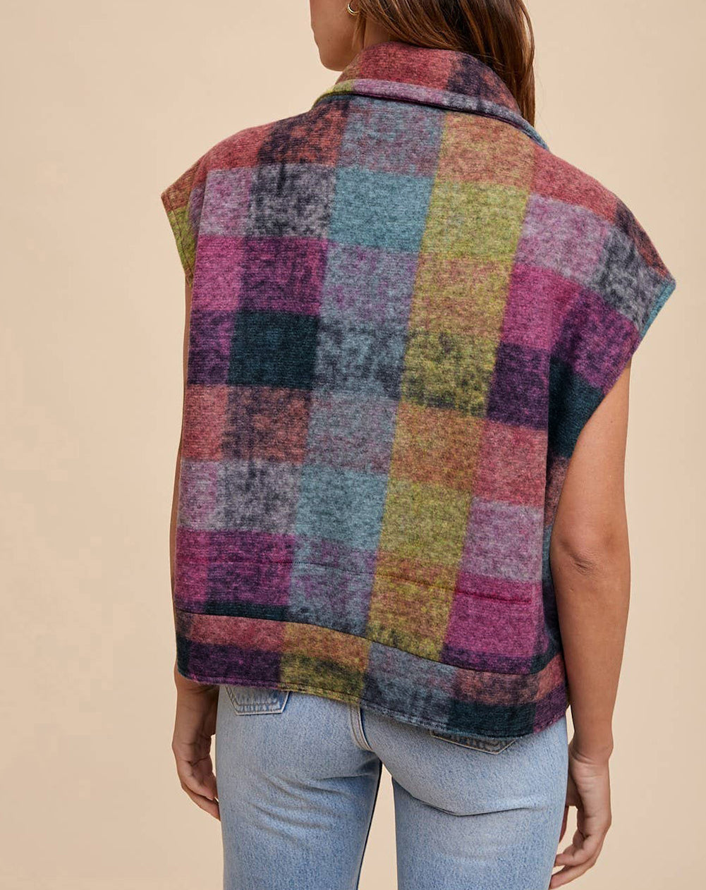 Plaid Print Side Pockets Zipped Loose Vest