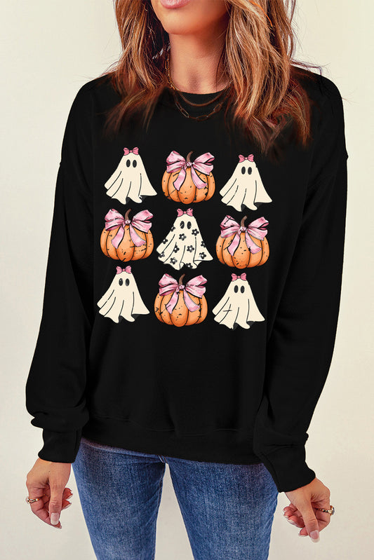 Halloween Bowknot Ghost Pumpkin Graphic Crewneck Sweatshirt