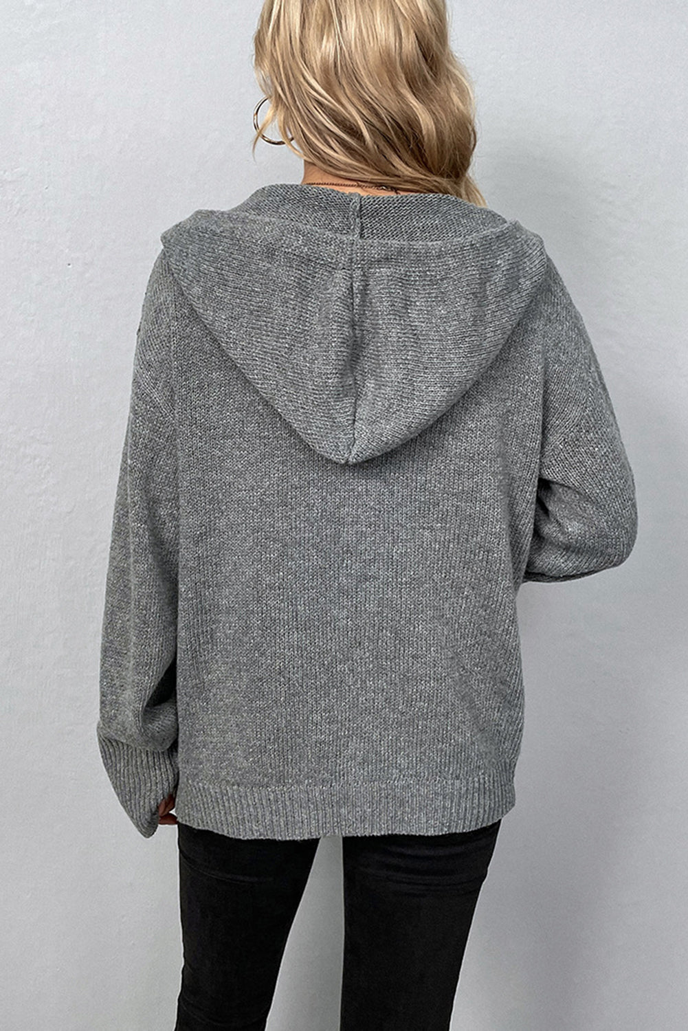 Drawstring Hooded Button Up Drop Shoulder Sweater Cardigan