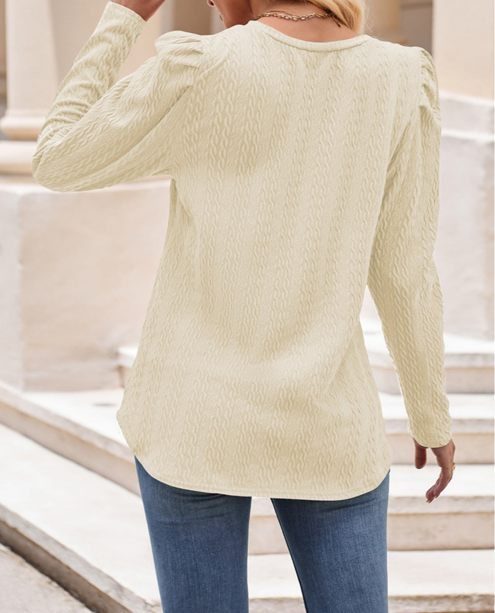 Solid Color Textured Puff Sleeve Crew Neck Top