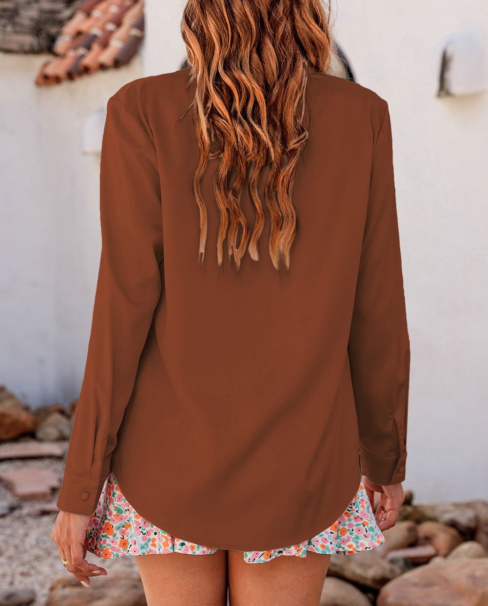 Solid Bow Tie Long Sleeve Blouse