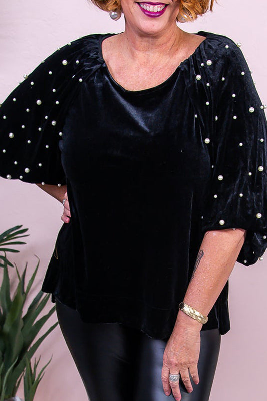 Pearl Embellished Puff Sleeve Velvet Plus Size Top