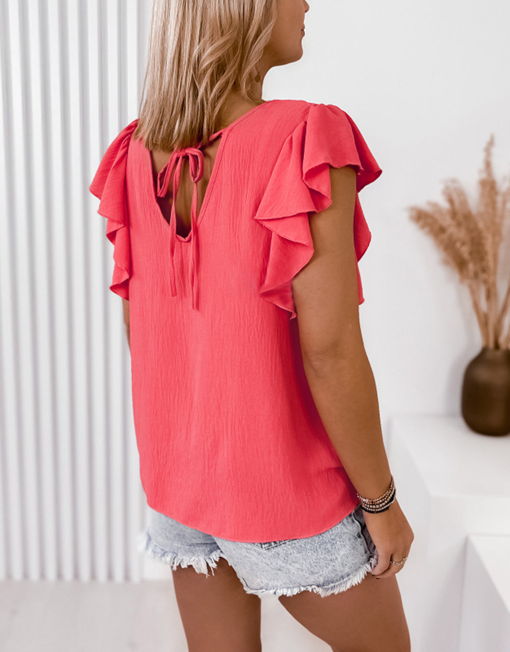 V Neck Ruffle Sleeve Loose Top
