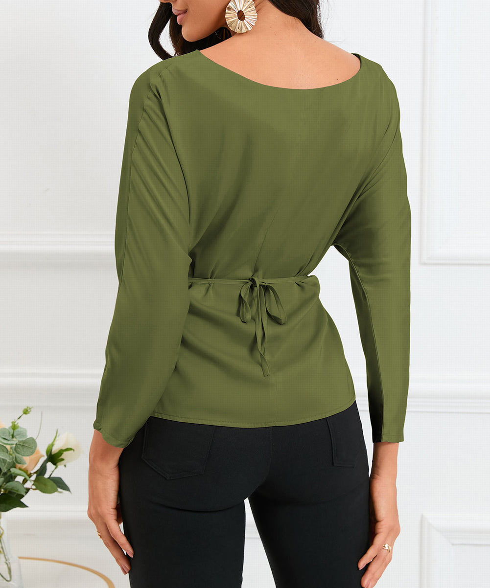 Lace-up Wrapped Split Hem Solid Long Sleeve Top
