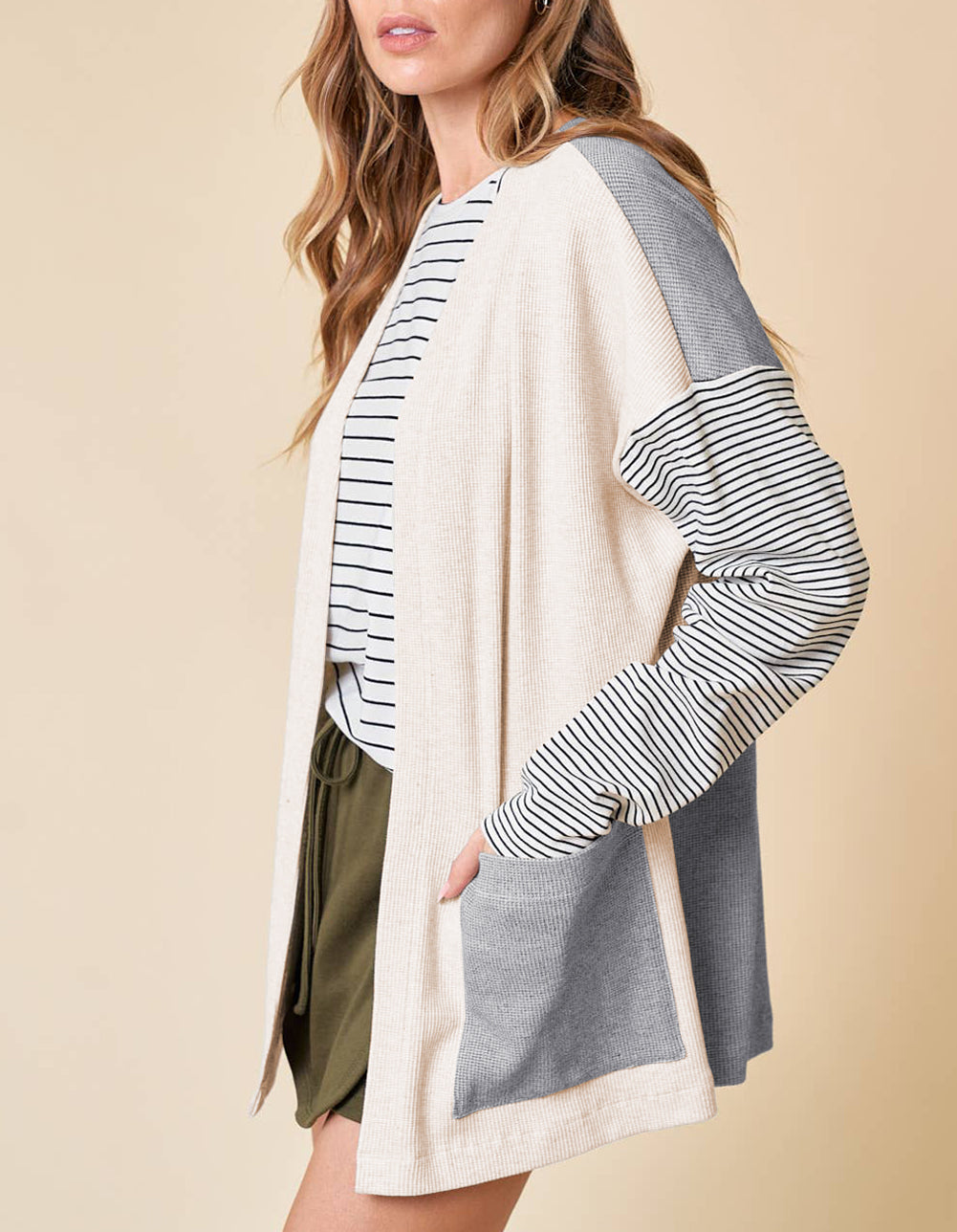 Colorblock Patchwork Open Front Cardigan with Pocket