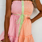 Color Block Smocked Button Front Frilled Strapless Mini Dress