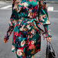 Abstract Print Frilled Neck Gigot Sleeve Dress with Waist Tie