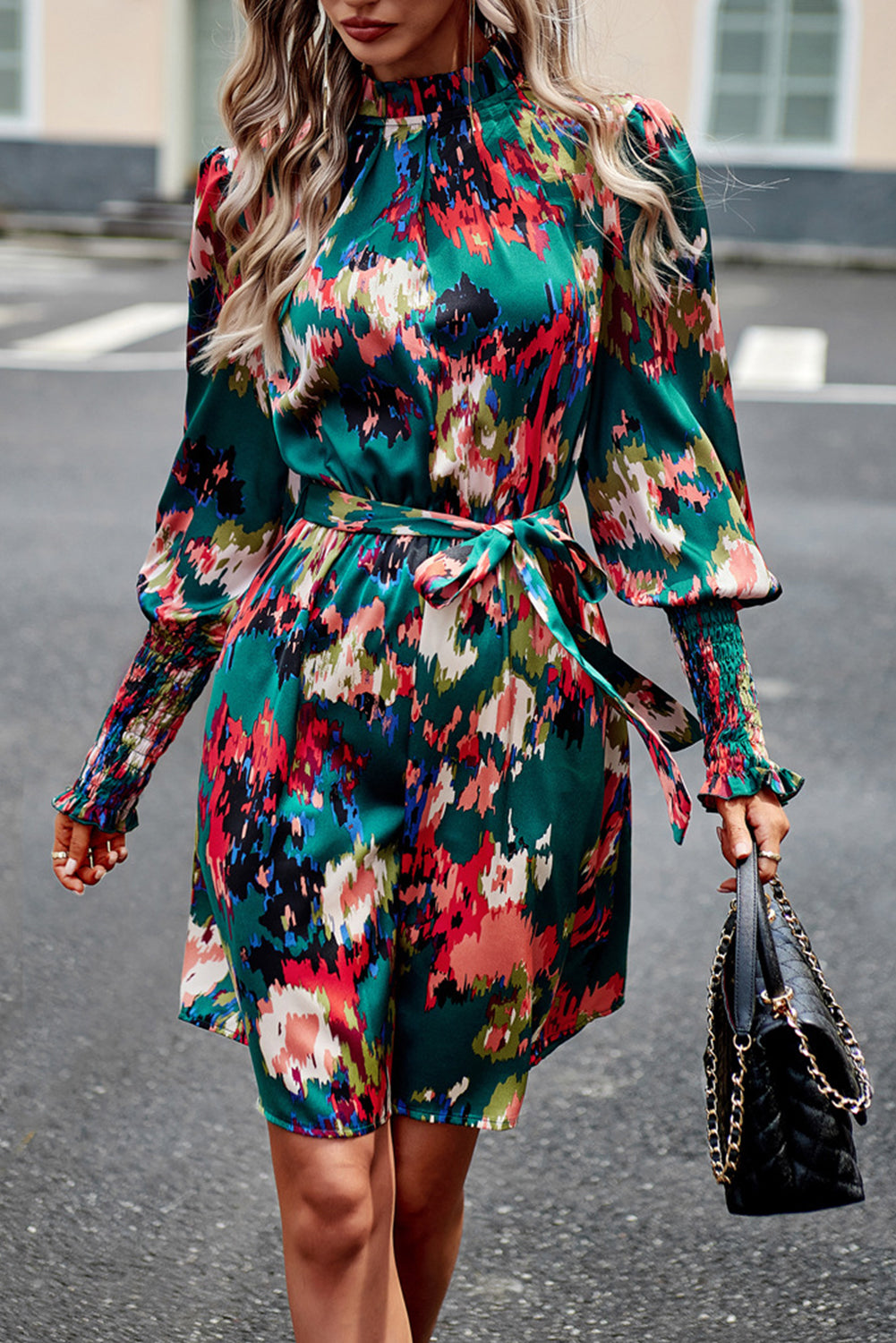 Abstract Print Frilled Neck Gigot Sleeve Dress with Waist Tie