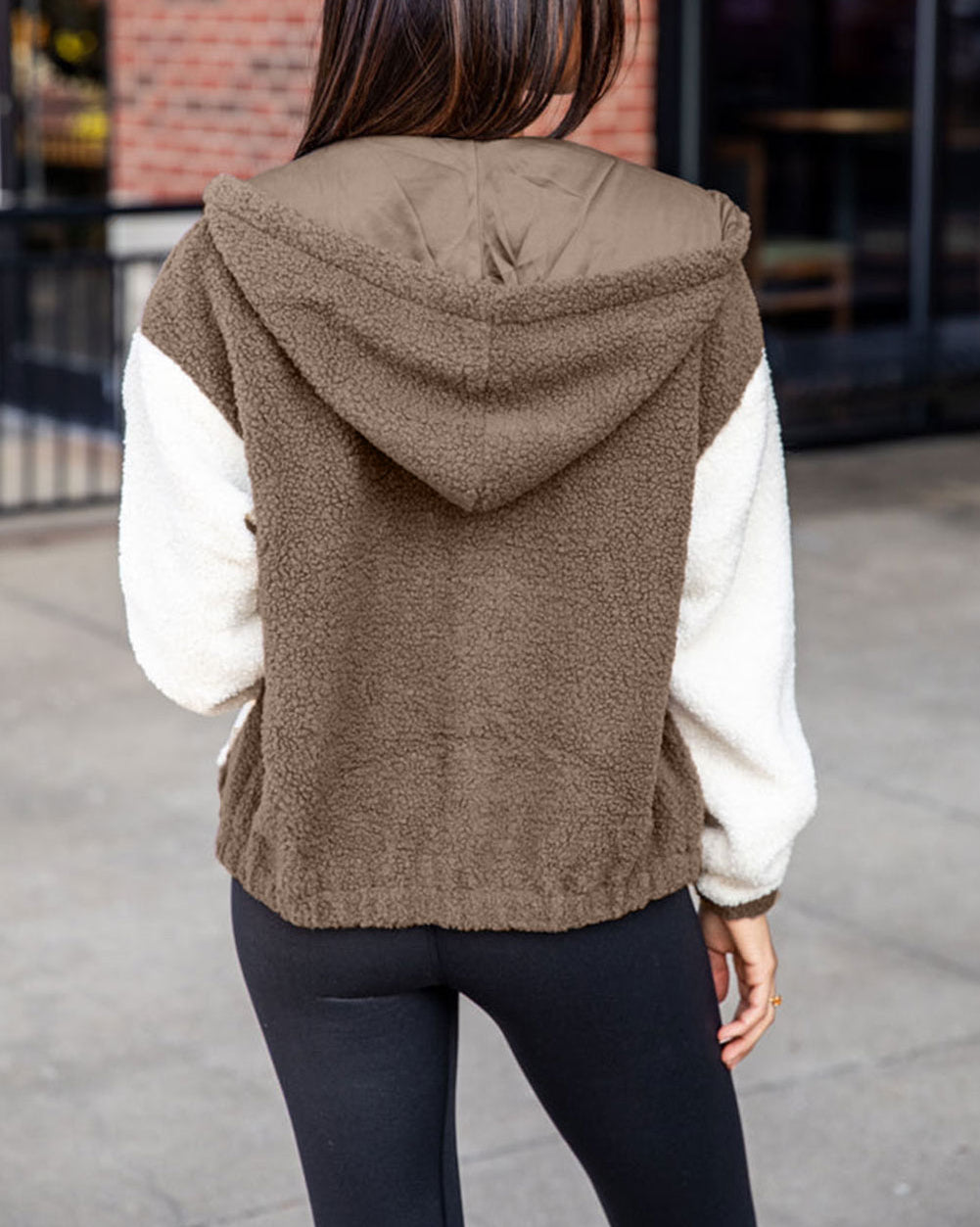 Colorblock Hooded Zip-Up Pocketed Sherpa Jacket