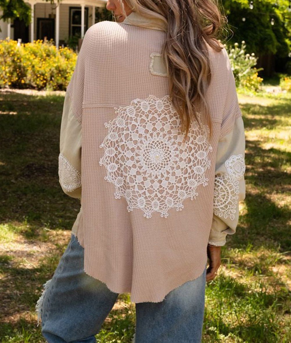 Lace Crochet Waffle Knit Patchwork Distressed Shacket