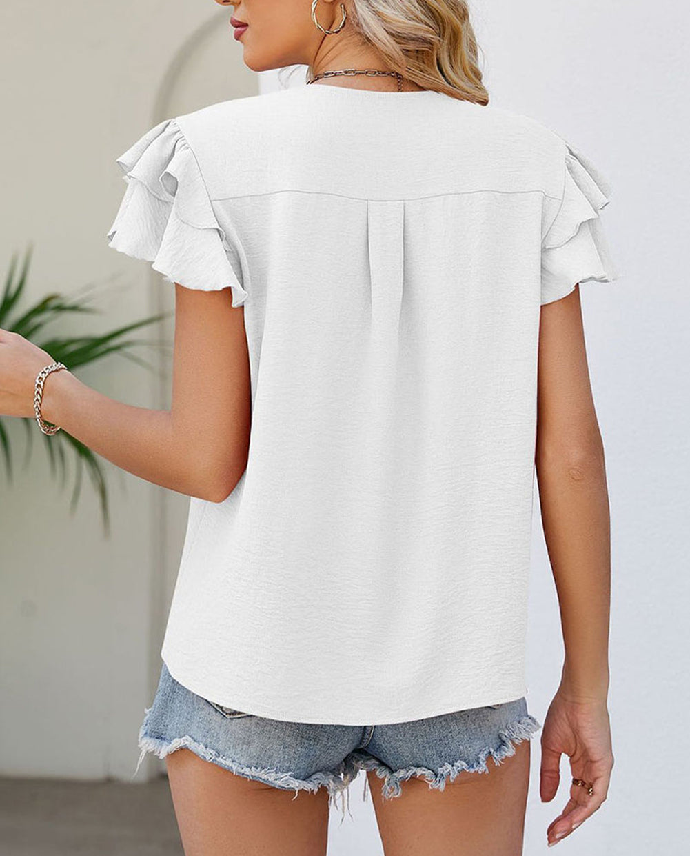 V Neck Ruffle Short Sleeve Blouse