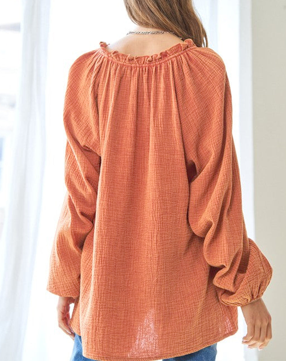 Crinkle Textured Frill Split Neck Puff Sleeve Blouse