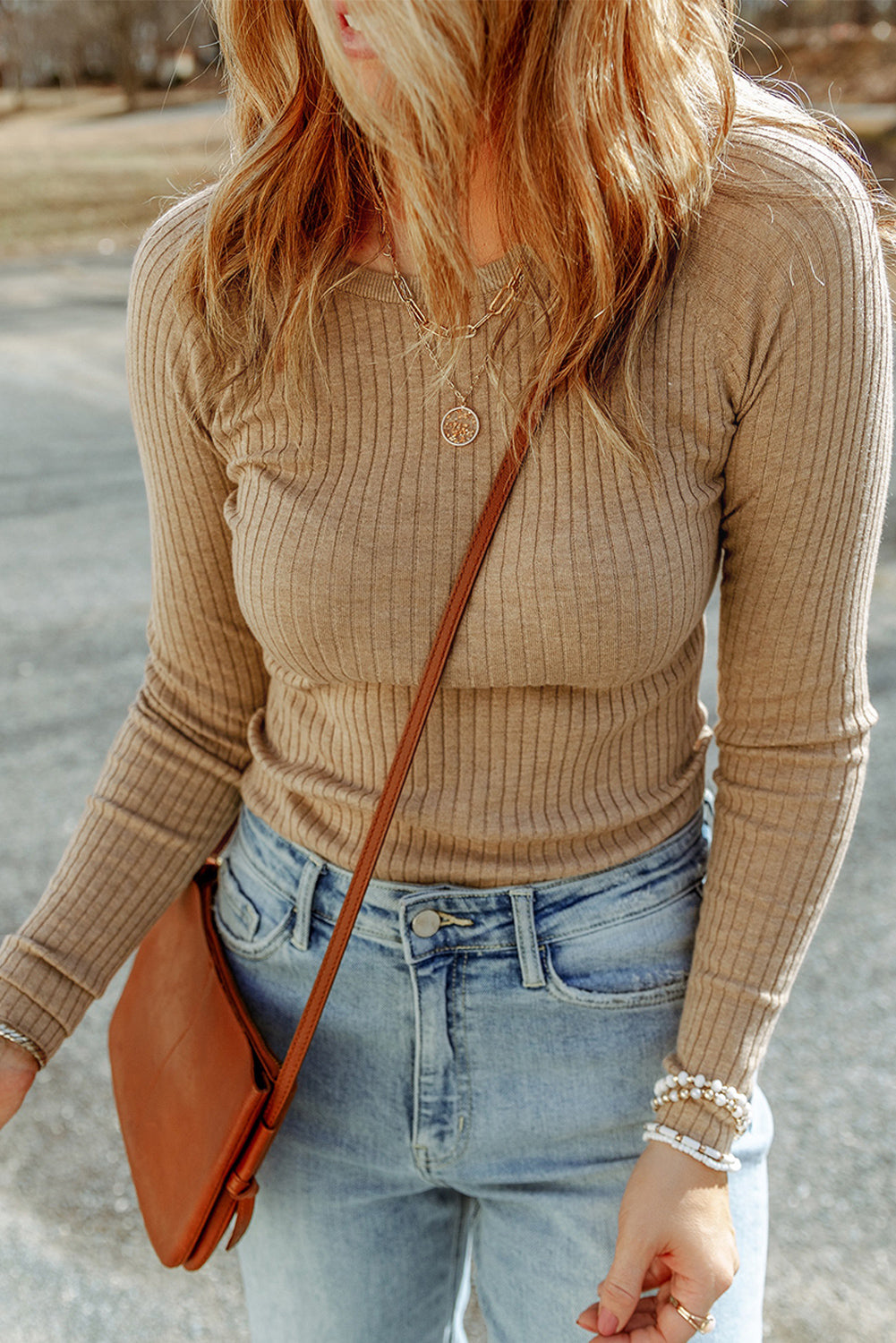 Ribbed Knit Round Neck Long Sleeve Sweater