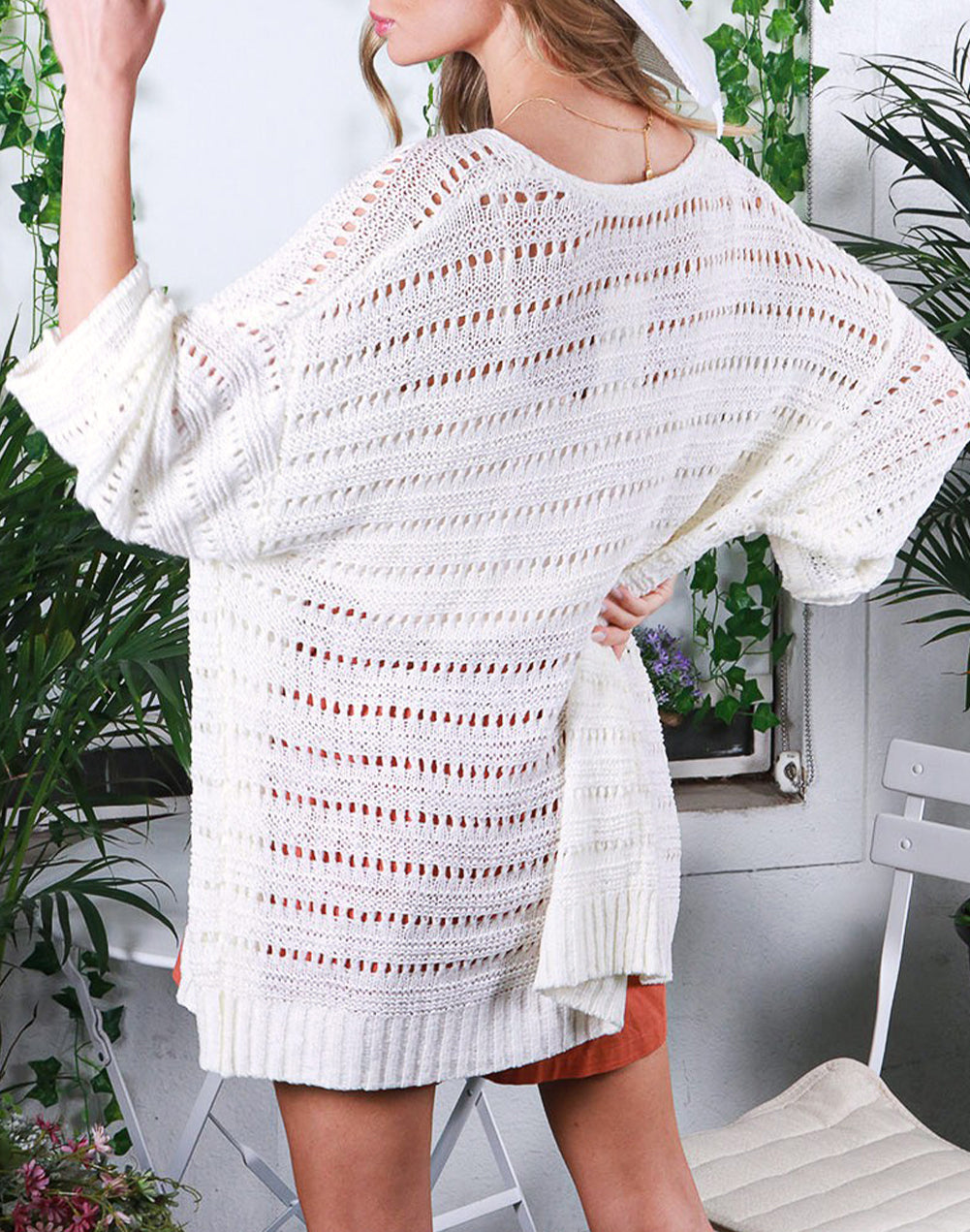 Pointelle Knit Bracelet Sleeve Open Cardigan