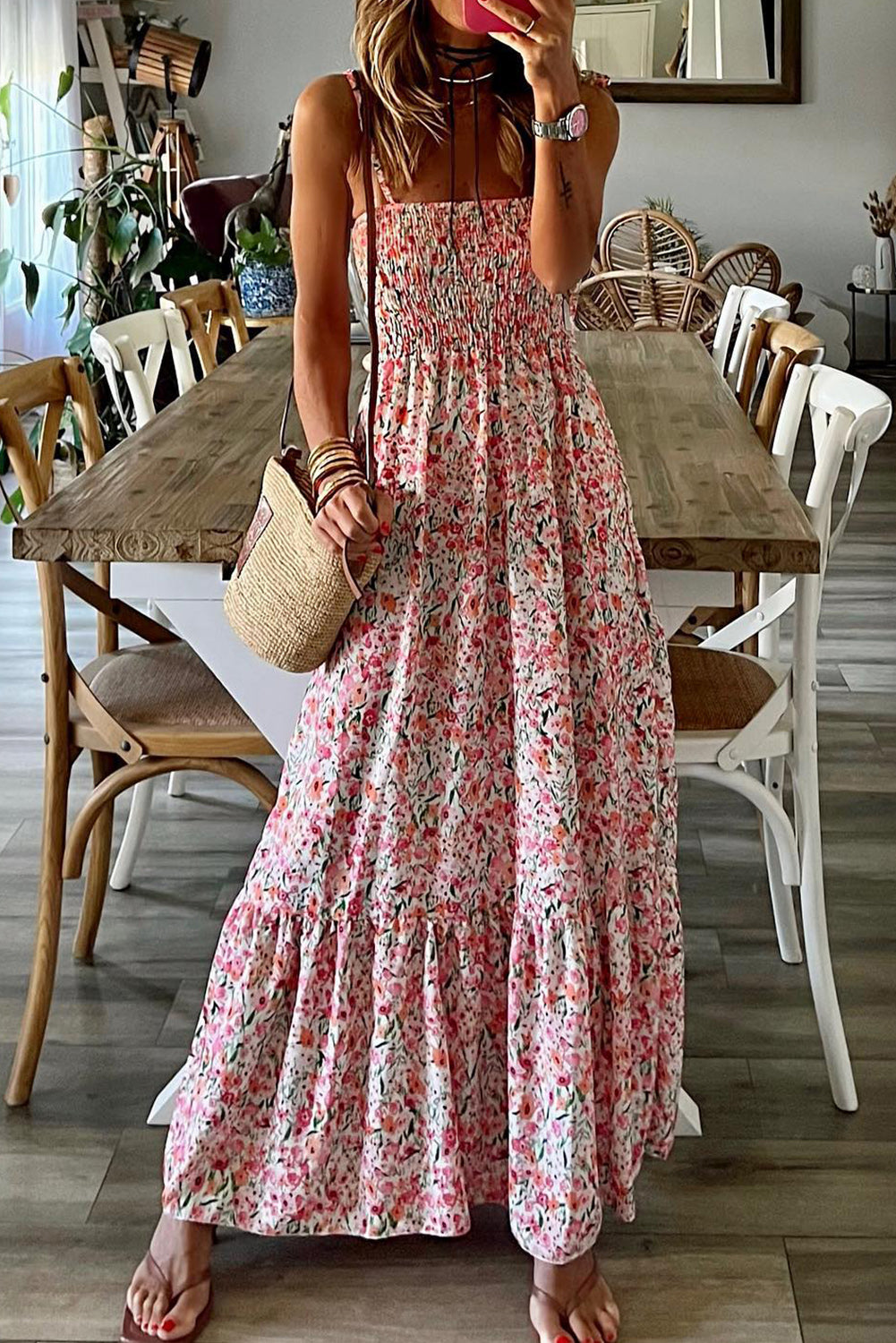 Boho Floral Smocked Ruffled Maxi Dress