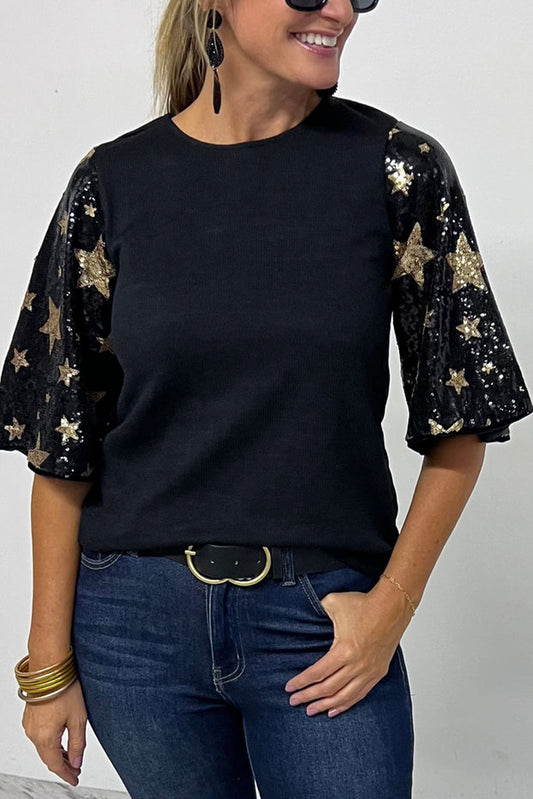 Star Sequin Splicing Half Sleeve Top
