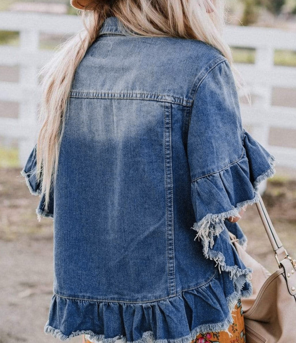 Raw Edge Ruffled Short Sleeve Denim Jacket