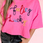 Feeling Lucky Embroidered Letter Graphic Half Sleeve Top
