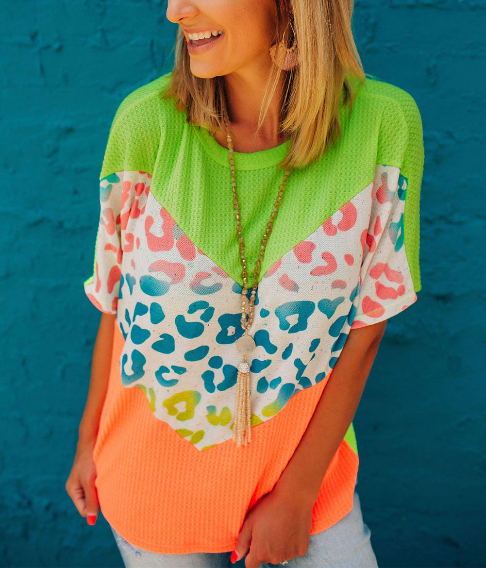 Color Block Leopard Waffle Knit Patchwork T-Shirt