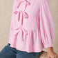 Stripe Bowknot Front Crew Neck Puff Sleeve Blouse