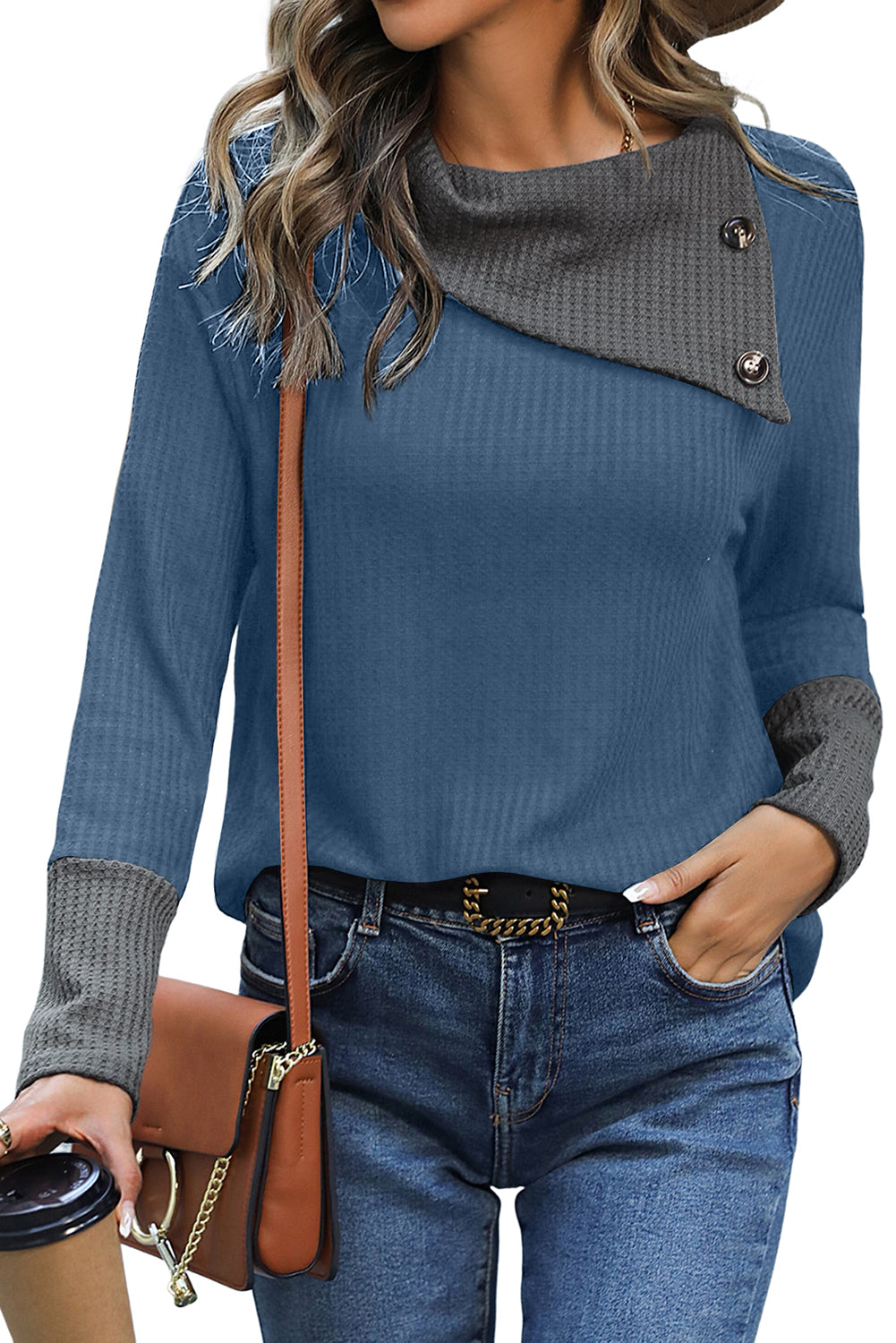 Waffle Knit Patchwork Colorblock Asymmetrical Neck Top