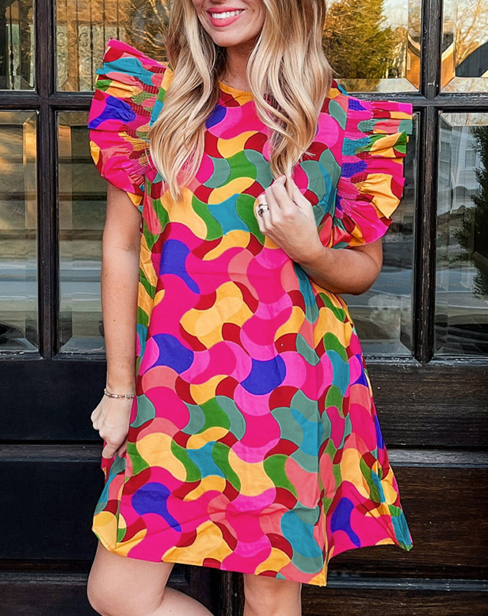 Abstract Print Ruffle Sleeve Shift Dress