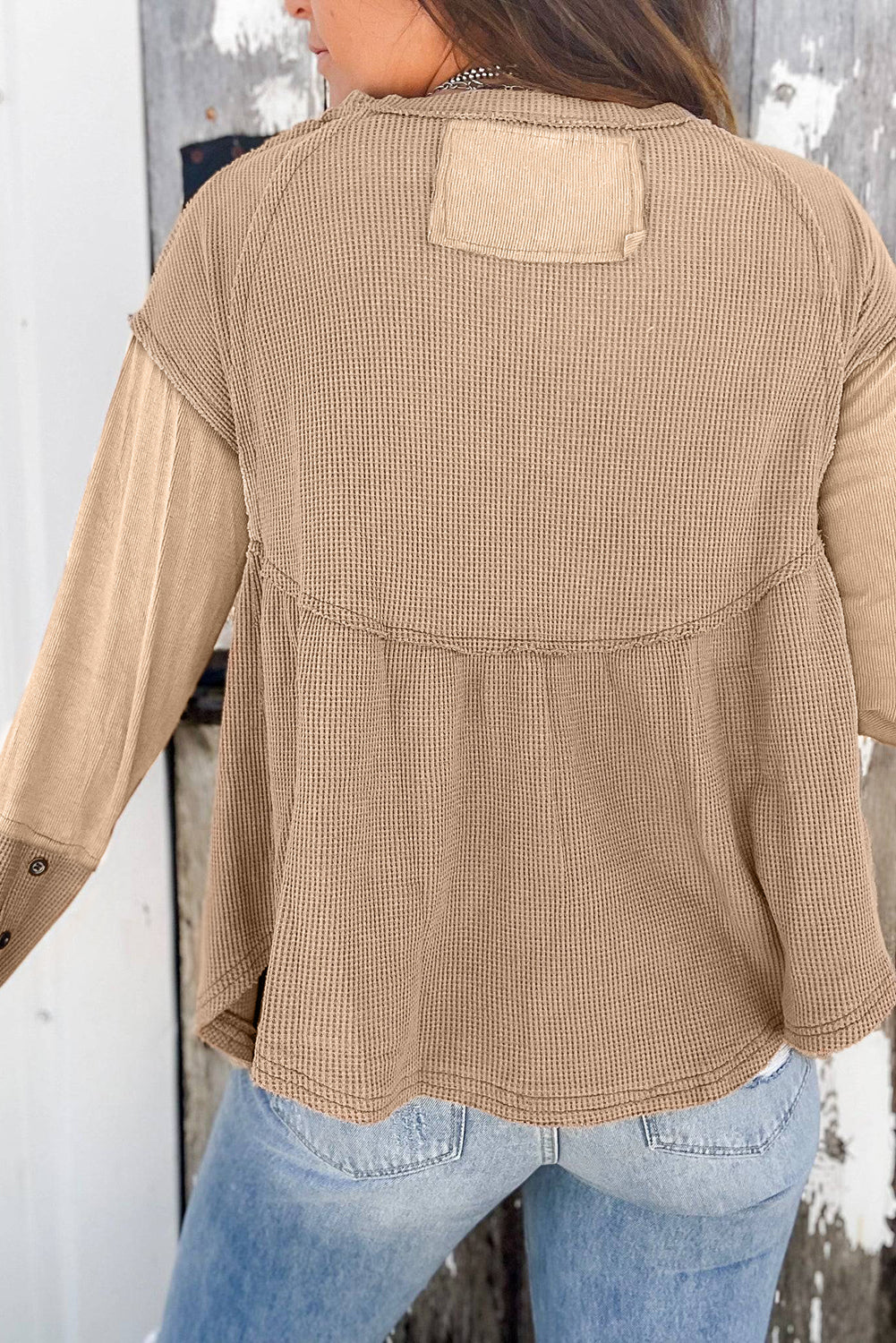Waffle Knit Button Detail Exposed Seam Flowy Top