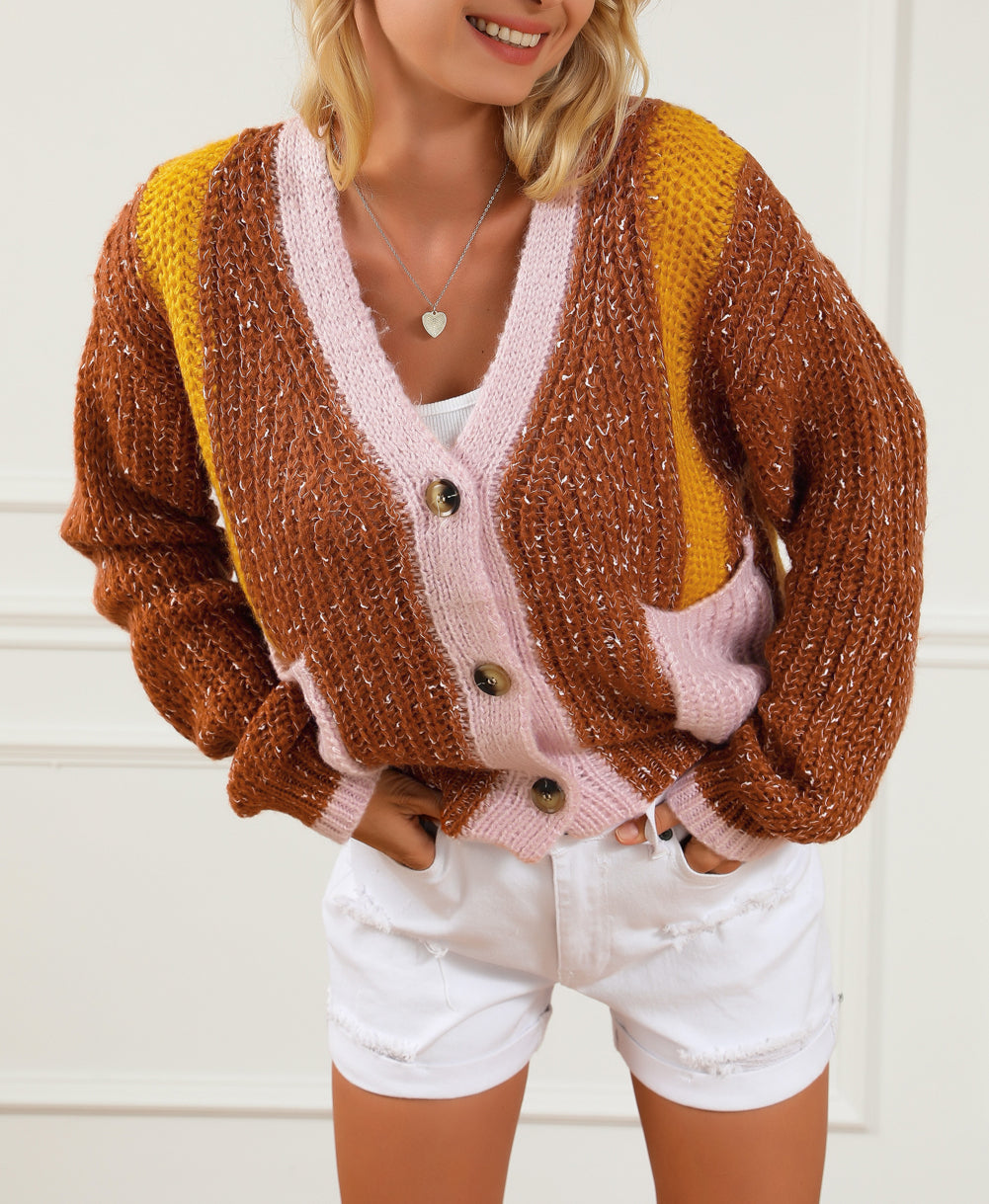 Dual Pockets Colorblock Sweater Cardigan