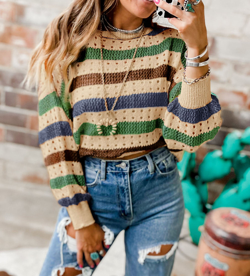 Striped Hollowed Knitted Loose Sweater