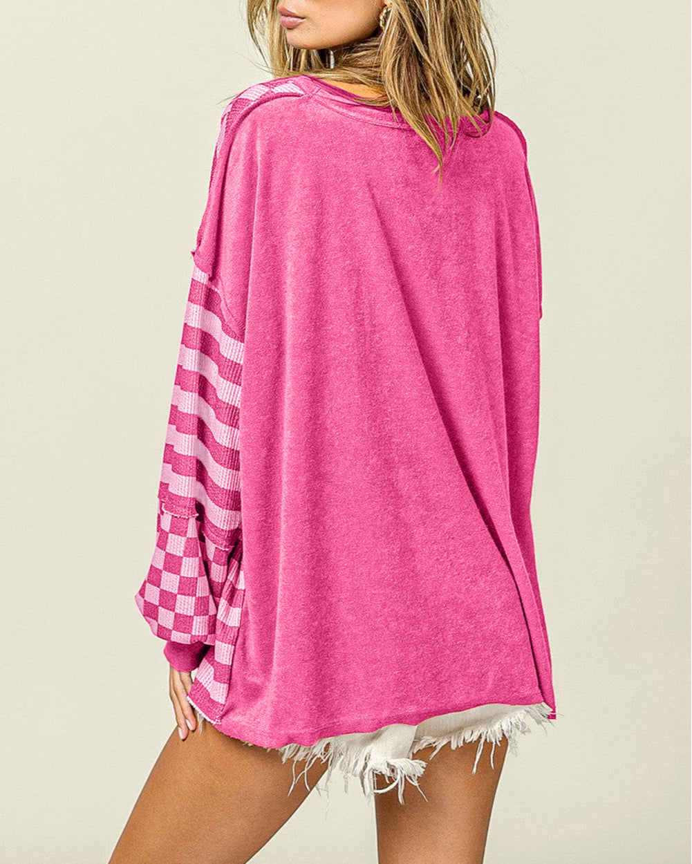 Patchwork Lantern Sleeve Pocketed Blouse