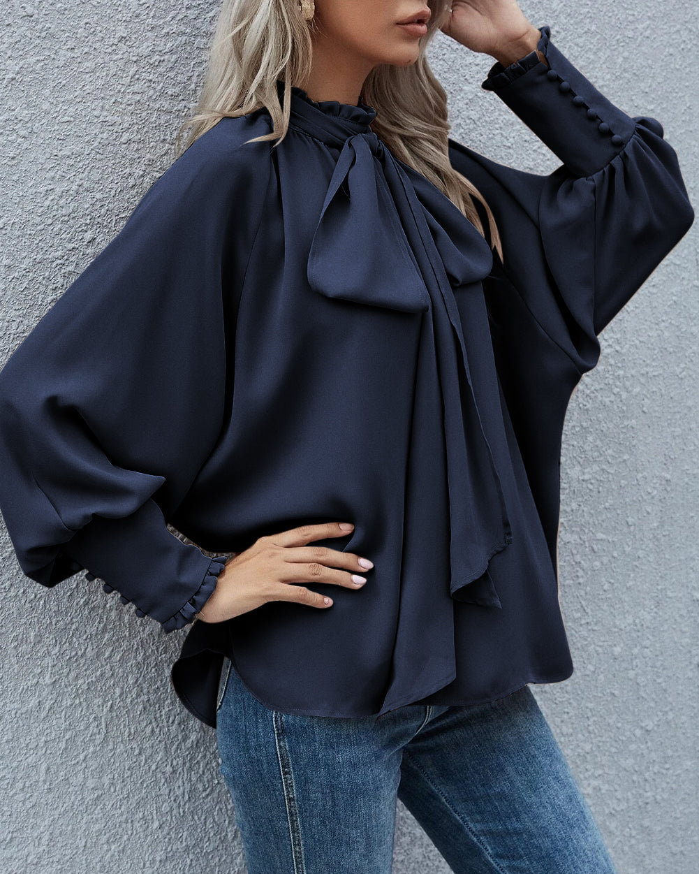 Frilled Knotted Mock Neck Bishop Sleeve Blouse
