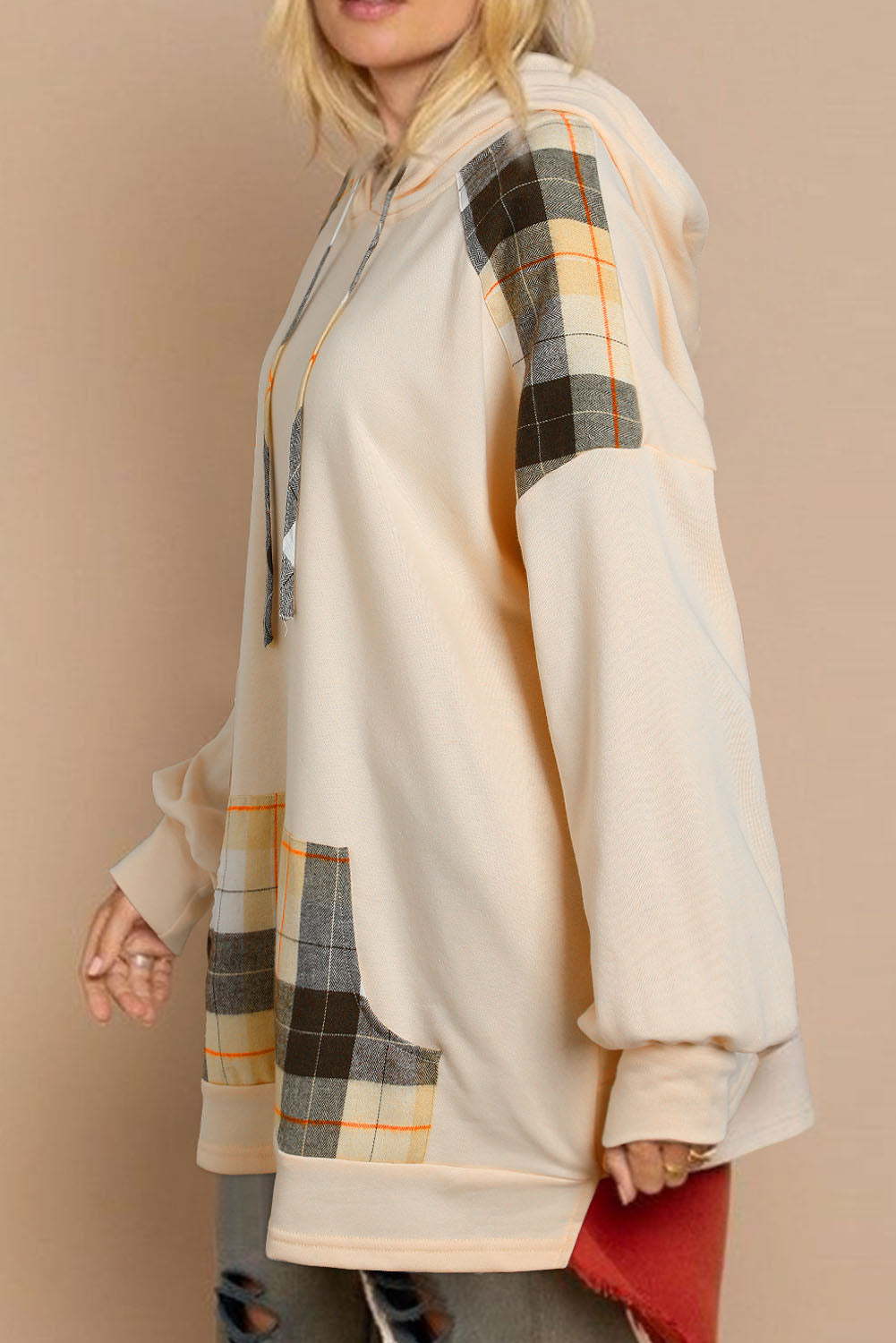 Plaid Patchwork Kangaroo Pocket Oversized Hoodie