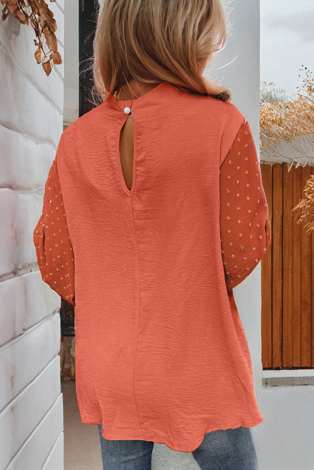 Orange Swiss Dot Balloon Sleeve Loose Blouse