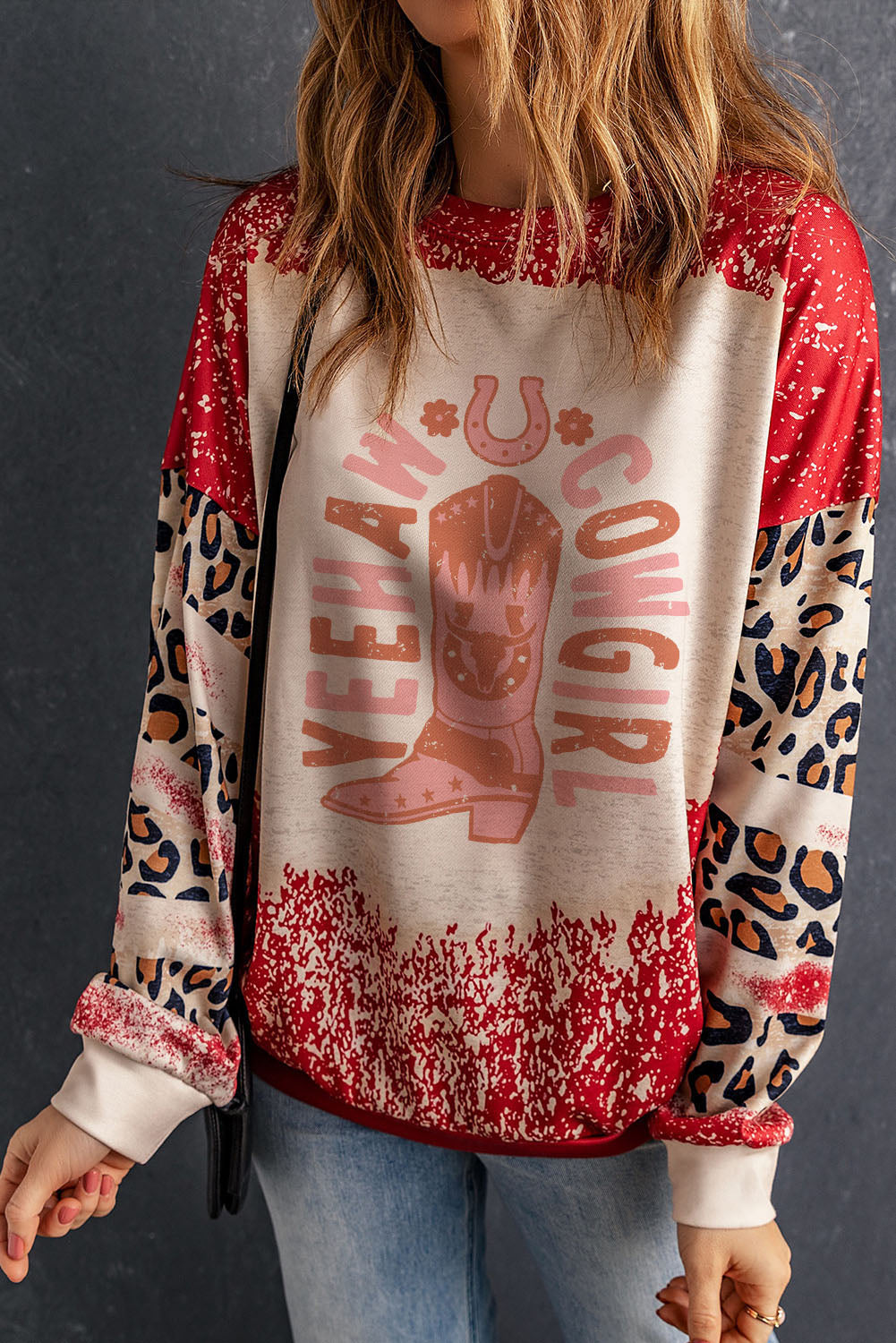 YEEHAW COWGIRL Graphic Bleached Scatter Leopard Sleeve Sweatshirt