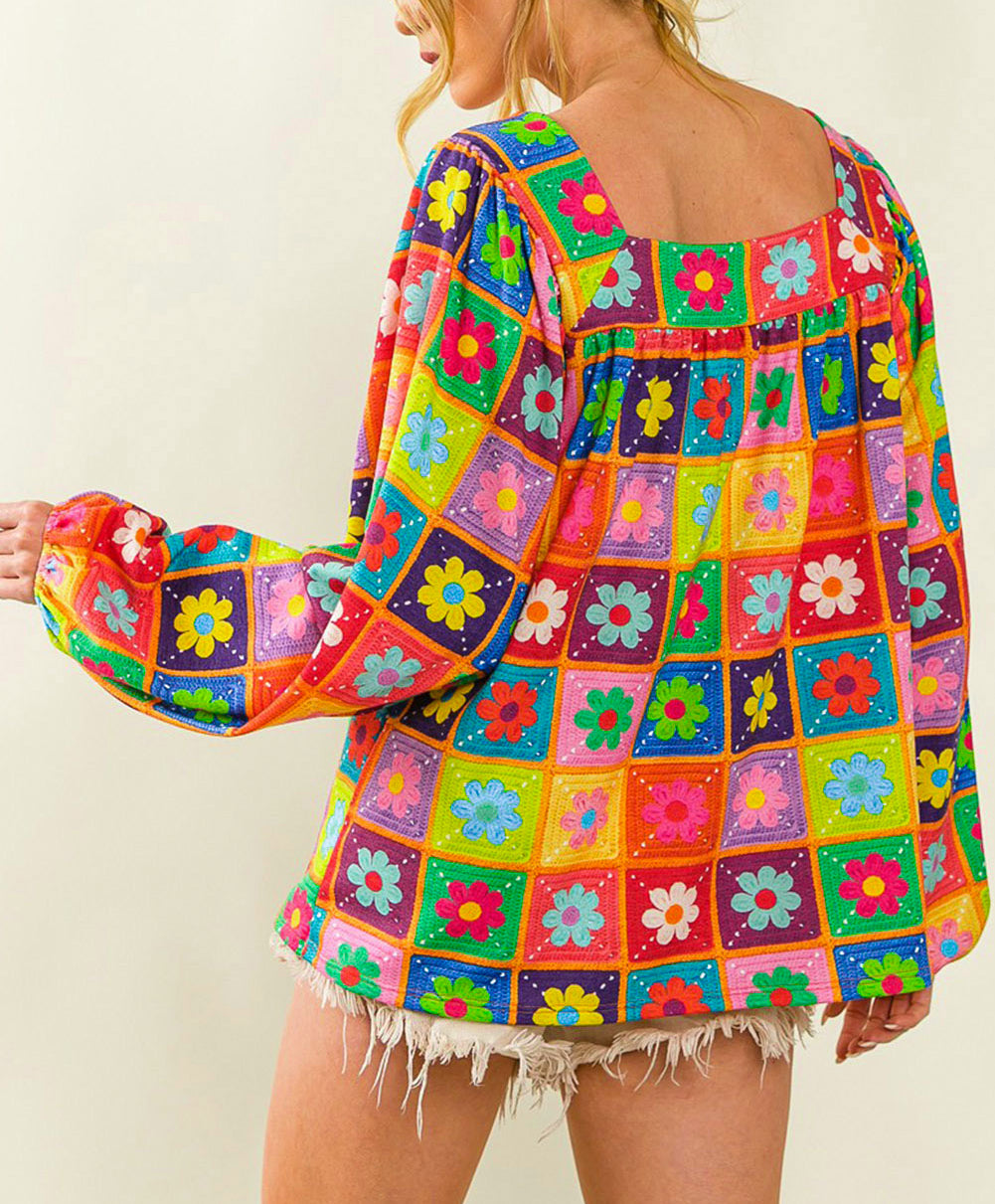 Floral Crochet Square Neck Puff Sleeve Blouse