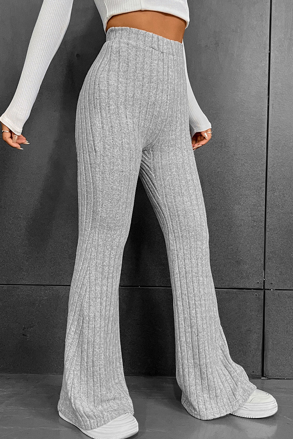 Solid Color High Waist Ribbed Flare Pants