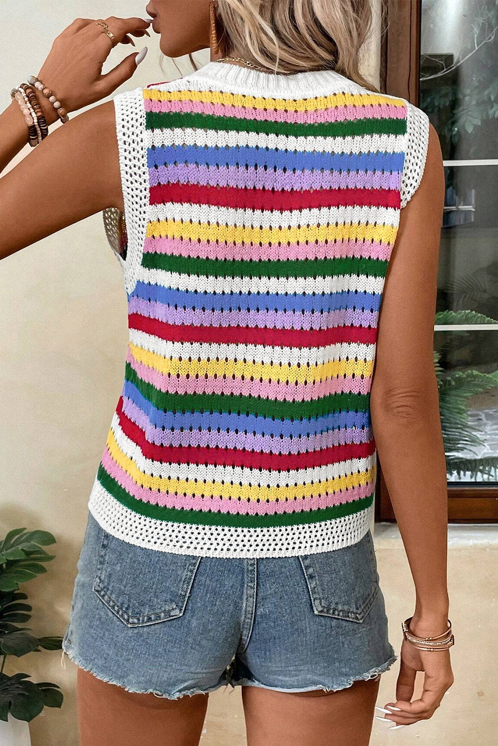 Striped Knitted Eyelet Slim Sweater Vest